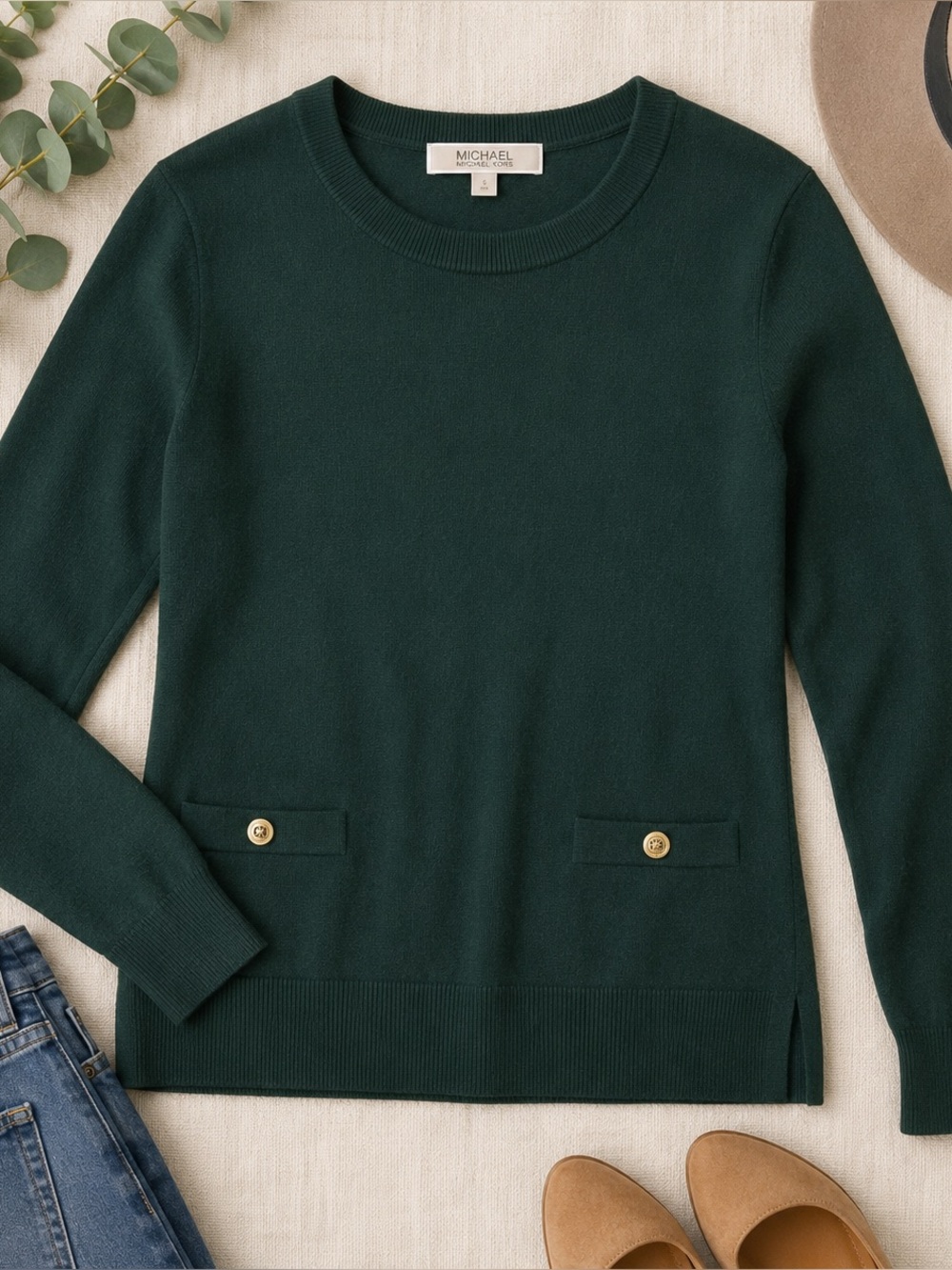 Michael Michael Kors Forest Green Crewneck Sweater Gold Button Pockets S